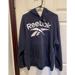 Reebok Mens Hoodie Sweatshirt Blue White Logo Pull-Over XL